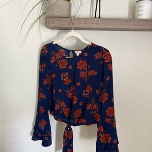 NWT Floral Tie-Front Navy Blouse -Self